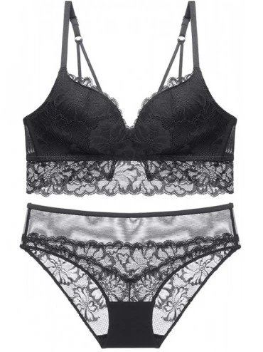 Bras Women Lace Push-up Bralette Floral Wirefree Lingerie Set Bra and Panties Set - Black - CY18URTWSUL $43.49