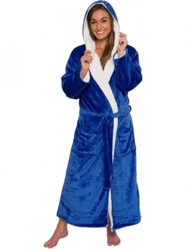 Robes Women's Sherpa Lined Long Robe - Luxury Full Length Plush Fleece Bathrobe - Blue - CL18ZAUU099 $90.98