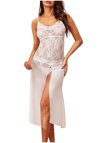 Bras Women's Underwear Ladies Sexy Lace Long Underwear Mesh Nightdress Set - White - CP190ZLLRY6 $35.01