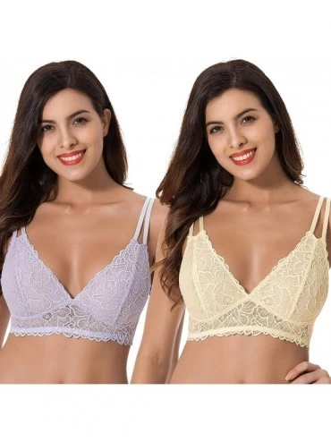 Bras Plus Size Plunge Unlined Bralette with Floral Lace-2 Pack - Yellow-lavender(2 Pack) - CW18NYQIQO8 $44.18