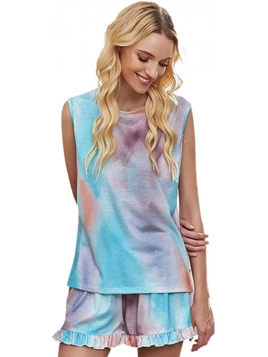 Sets Women's Sleeveless Pajamas Set Tie Dye Print Tank with Ruffles Shorts Loungewear - Blue - CJ19CK4LGU7 $28.60