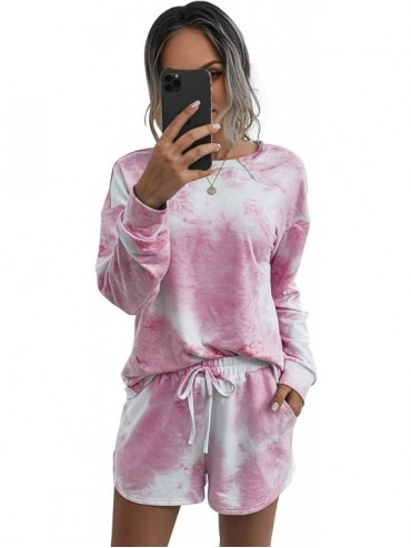 Sets Women Two Piece Pajamas Set Tie Dye Loungewear Long Sleeve Tops and Shorts 2Pcs Sweatsuit Sleepwear Nightwear - Pink Whi...