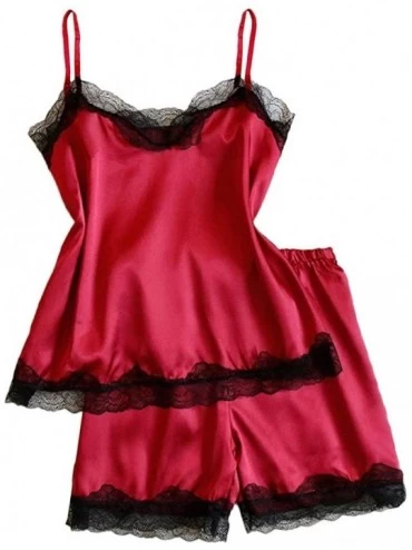 Sets Womens Lace Red Satin Silk Camisole Shorts Set Sleepwear Casual Pajamas Lingerie - Red - CU193Q5CW66 $18.83