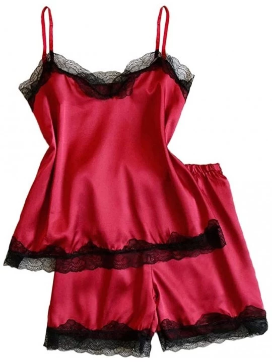 Sets Womens Lace Red Satin Silk Camisole Shorts Set Sleepwear Casual Pajamas Lingerie - Red - CU193Q5CW66 $9.03