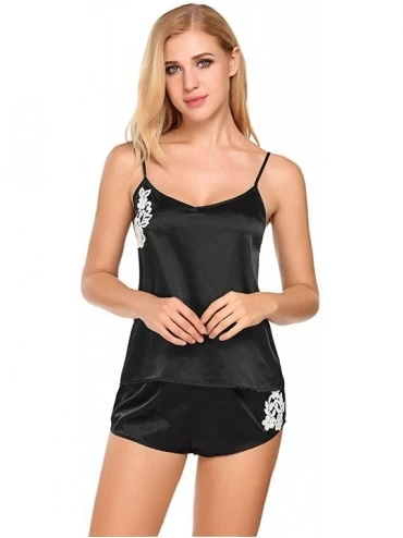Sets Women Satin Pajamas Lace Cami Shorts Set Sexy Lingerie Sleepwear - Black - C8189SLQ5ZA $30.17