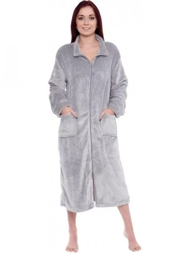 Robes Womens Full Length Zip Up Robe - Plush Fleece Long Zipper Housecoat - Light Grey - CF18CERTEQD $59.36