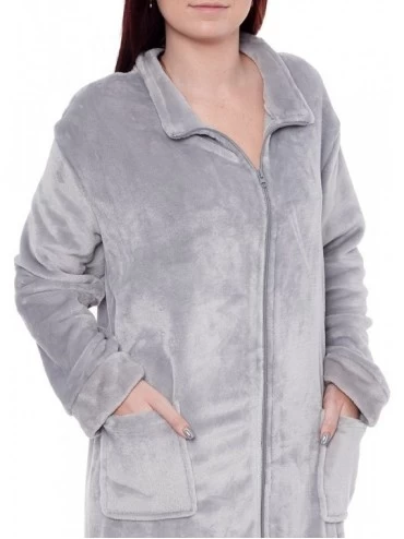 Robes Womens Full Length Zip Up Robe - Plush Fleece Long Zipper Housecoat - Light Grey - CF18CERTEQD $26.56