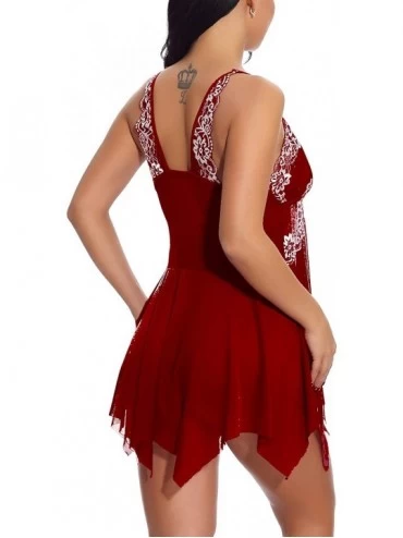 Baby Dolls & Chemises Lingerie Women Front Closure Babydoll Lace Chemise Nightie V Neck Nightdress - Wine Red - CN18Q7GR2GH $...