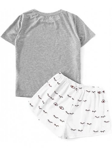 Sets Lady Cat Short Sleeve Pajamas Set-Casual Cat Shorts Short Sleeve Ruffled T-Shirt Sleepwear Nightwear Set - Gray - CH18TI...