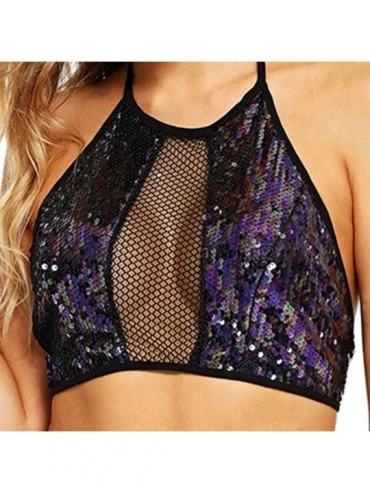 Camisoles & Tanks Women Sparkle Sequin Sexy Mesh Stitching Vest Top Halter Backless Crop Shirt - Colorful - CW18I0OLO6Y $15.19