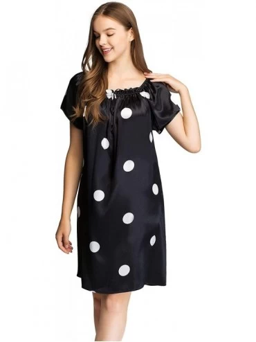 Nightgowns & Sleepshirts Women Satin Nightdress Sleepshirt Sleepwear S~3XL_Fit All Seasons - Classic Black Dots - CZ18ZKE3RN6...