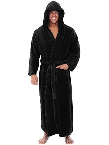 Robes Winter Long Bathrobe for Men- Lengthened Plush Shawl Bathrobe Home Clothes Long Sleeved Robe Coat Sleepwear - Black - C...