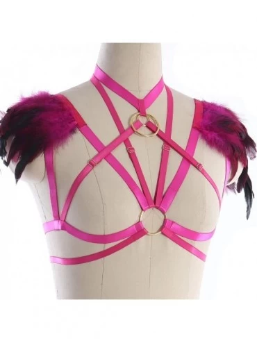 Bras Feather Epaulets Tops Wings Body Harness Gothic Lingerie Strap Bralette Burning Man Art Festival Clothing - Rose Red - C...
