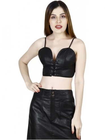 Bustiers & Corsets 100% Real Lamb Leather Bustier Bralette Tops Wire Free Satin Lined - Black - CU194ATHOKW $34.09