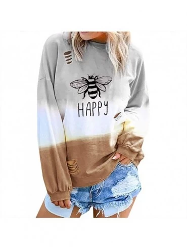 Tops Fashion Women Gradient Contrast Color Pullover Shredded Top Letter Printed Long Sleeve O-Neck Casual Top Sweatshirt - Br...