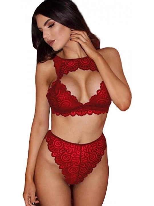Baby Dolls & Chemises Women Sexy Floral Lingerie Lace Babydoll Bra and Panty Set Sleepwear Nightgowns & Sleepshirts - Red - C...