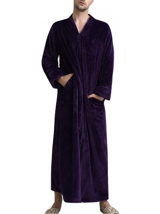 Men's Long Soft Flannel Plush Fleece Robe Zip Bathrobe Sleepwear ...