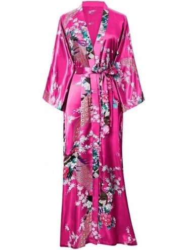 Robes Women's Kimono Robe Long Robes with Peacock and Blossoms Printed Kimono Nightgown - Rose Red - CR12O8FQ8W5 $34.12