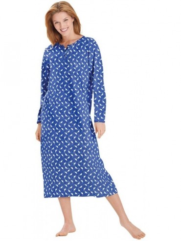 Nightgowns & Sleepshirts Women's Plus Size Long-Sleeve Henley Print Sleepshirt Nightgown - Cornflower Blue Cat (0950) - CS199...