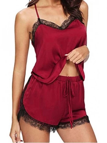 Sets Women Satin Lace Trim Sleeveless Strap Nightwear Sleepwear Cami Top Pajama and Pant Sets - Wine Red - C418A8UUYDS $8.29