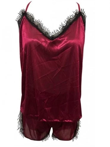 Sets Women Satin Lace Trim Sleeveless Strap Nightwear Sleepwear Cami Top Pajama and Pant Sets - Wine Red - C418A8UUYDS $8.29