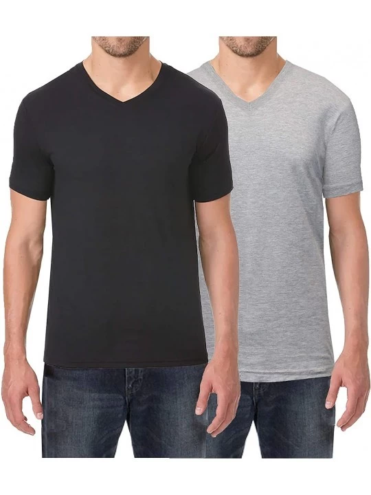 Undershirts Men's Short Sleeve V-Neck Cotton Stretch Tees - Black - Heather Grey - CJ18WSX50IZ $16.54