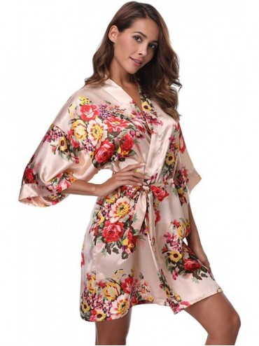 Robes Women's Floral Short Robe Silk Kimono Bathrobe for Bride Bridesmaids Nightgown - Champagne - C01804I5HSE $32.10