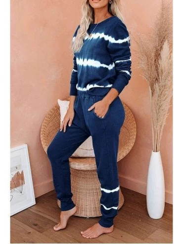 Sets Women's 2 Piece Loungwear Set Tie Dye Stripe Sweatshirt Sweatpants Sweatsuits Blue 2XL - CH190H05T78 $21.64