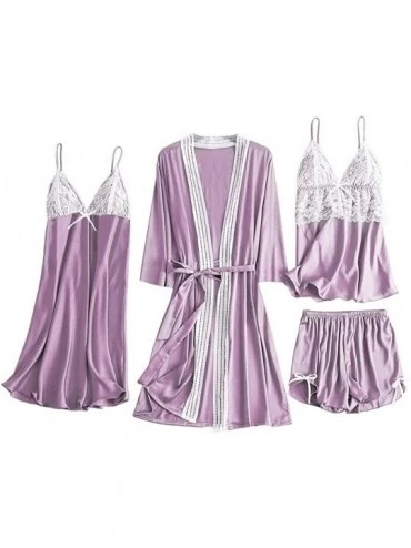 Baby Dolls & Chemises 4Pcs Women's Silk Satin Bathrobe Pajamas Nightgown Kimono Lace Sleepwear Babydoll Nightdress with Short...