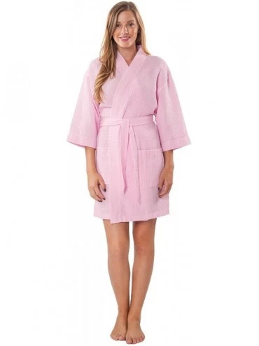 Robes Personalized Embroidered Lightweight Knee Length Waffle Kimono Bridesmaids Spa Robe Pink - CV12NDXIH75 $27.03