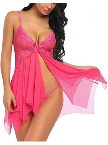 Nightgowns & Sleepshirts Babydoll Lingerie for Women Front Closure Lace V Neck Sleepwear Nightdress Nightgown - B_hot Pink - ...