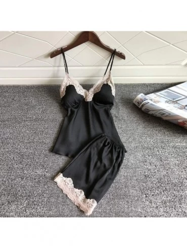 Sets Women Lingerie Lace Sleepwear Sexy Pajama Camisole Short Sets - Black - CX18TYD8Y22 $13.47