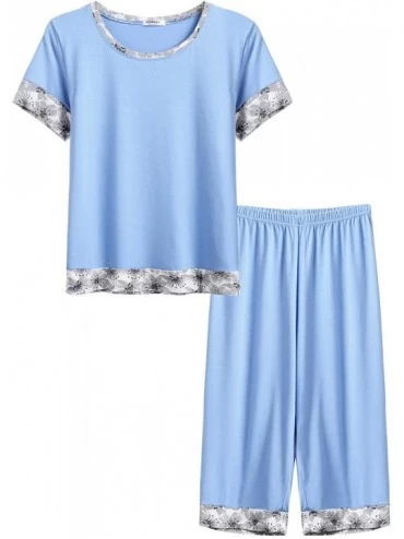 Sets Women's Pajama Set Stylish Print O-Neck Short Sleeves Top with Capri Pants Sleepwear Pjs Sets - Light Blue - CA193G4G5D4...