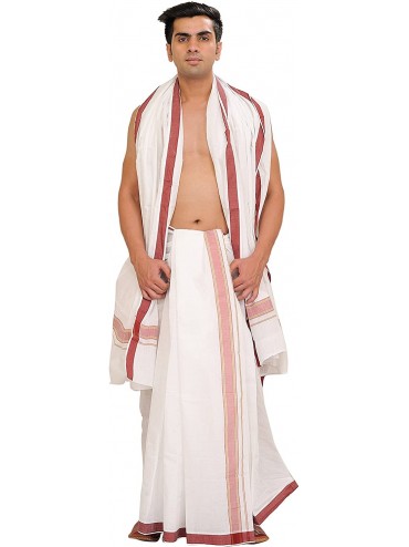 Sleep Sets White Dhoti and Angavastram Set with Woven Border - Apple Butter - CE18WCHIRWD $82.58