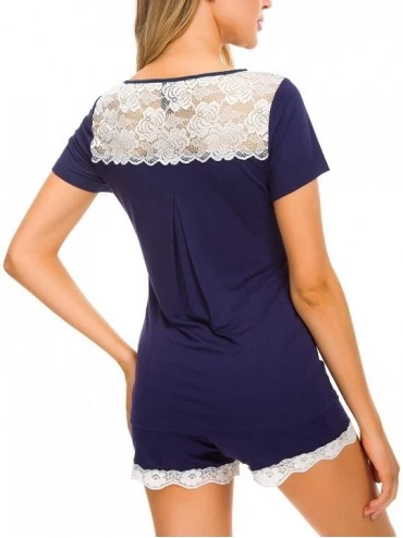Sets Women's Short Lace Round Neck Pajama Sets Short Sleeves Top 2-Piece Sleepwear Lounger - Navy - CX18N85KZS8 $18.86