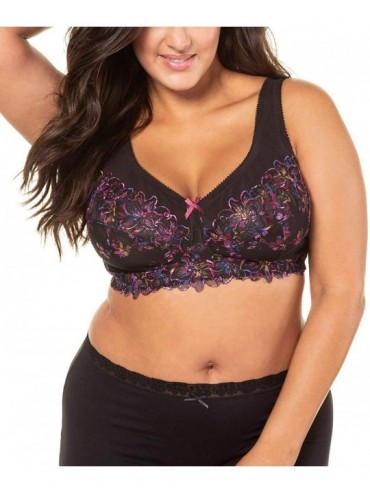 Bras Women's Plus Size Embroidered Lace Wirefree Support Bra 725403 - Black (Black 72540310) - CD18YR3KMDU $100.23