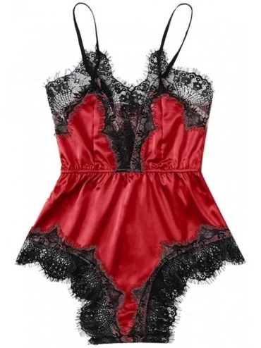 Sets Women Satin Lace Bra Lingerie Underpant Siamese Sleepwear Bodysuit Babydoll - Red - CD18NY5CUE3 $19.93