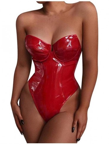 Tops Women Sexy Lingerie Leath Jumpsuit Bodysuit Teddy Underwear Sleepwear Underwear - Red - CQ197LYC8OO $27.03