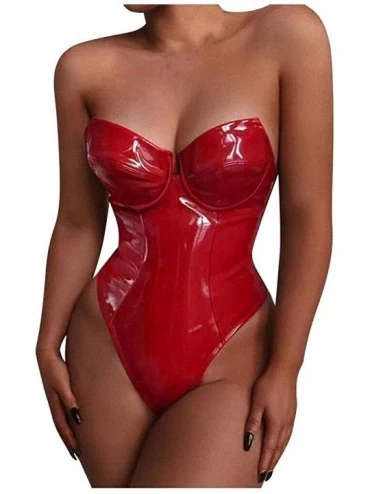Tops Women Sexy Lingerie Leath Jumpsuit Bodysuit Teddy Underwear Sleepwear Underwear - Red - CQ197LYC8OO $23.26