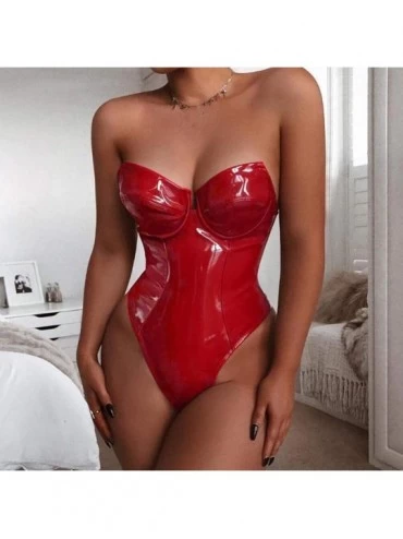 Tops Women Sexy Lingerie Leath Jumpsuit Bodysuit Teddy Underwear Sleepwear Underwear - Red - CQ197LYC8OO $9.74
