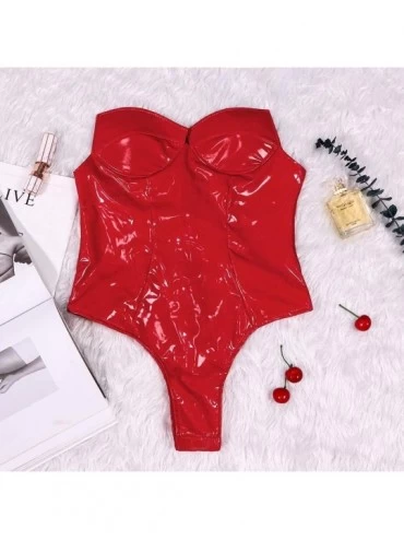 Tops Women Sexy Lingerie Leath Jumpsuit Bodysuit Teddy Underwear Sleepwear Underwear - Red - CQ197LYC8OO $9.74