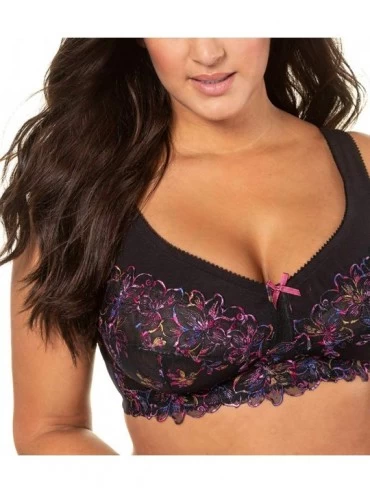 Bras Women's Plus Size Embroidered Lace Wirefree Support Bra 725403 - Black (Black 72540310) - CD18YR3KMDU $47.89