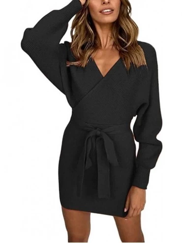 Nightgowns & Sleepshirts Sweater Dresses for Women V Neck Knitted Belted Backless Long Sleeve Mini Dress - Black - CX1954GKN8...