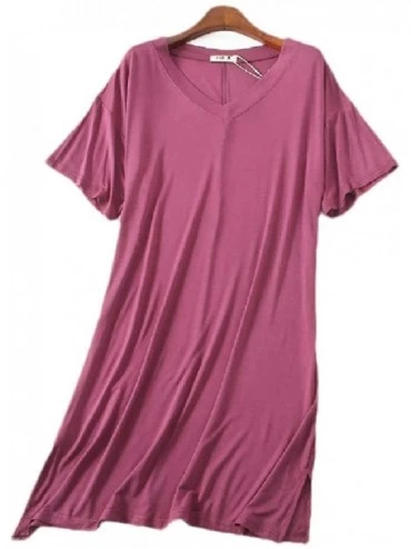 Nightgowns & Sleepshirts Womens Ladies Short Sleeve Nightgowns Sleep Sleepwear Bamboo V Neck Nightdress - 1 - CG190ZUSMI3 $26.12
