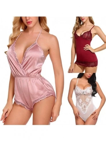 Baby Dolls & Chemises Women Lingerie Bodysuit V Neck Teddy Lace Babydoll Nightwear - CH19E4TQRUA $39.90