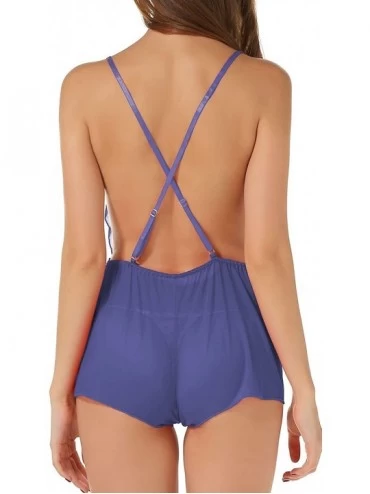 Nightgowns & Sleepshirts Women Lingerie Lace Teddy Features Plunging Eyelash deep V-Neck Babydoll Bodysuit - Blue - C412G02E4...