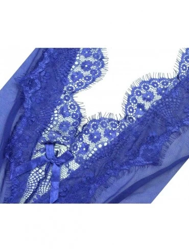 Nightgowns & Sleepshirts Women Lingerie Lace Teddy Features Plunging Eyelash deep V-Neck Babydoll Bodysuit - Blue - C412G02E4...