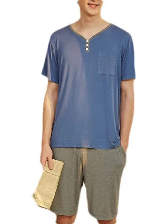 Sleep Sets Men Knit Nightwear Short Sleeve Modal 2 PCS Outfits Tops with Shorts Sleep Set - 1 - C819DYYL5HS $37.52