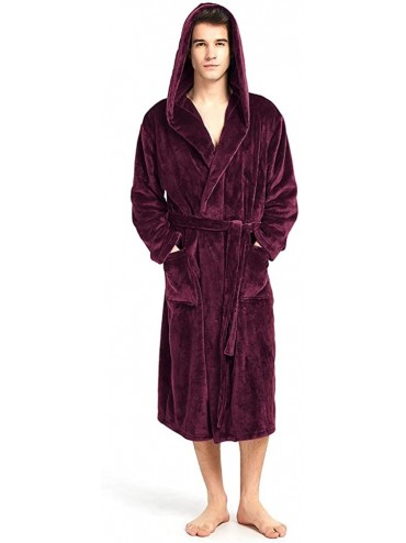 Robes Mens Fleece Hooded Robe Plush Collar Shawl Bathrobe Soft Warm Long Sleeve - Wine - C018Z9KQ9HZ $50.49
