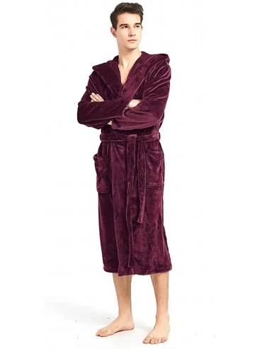 Robes Mens Fleece Hooded Robe Plush Collar Shawl Bathrobe Soft Warm Long Sleeve - Wine - C018Z9KQ9HZ $27.85